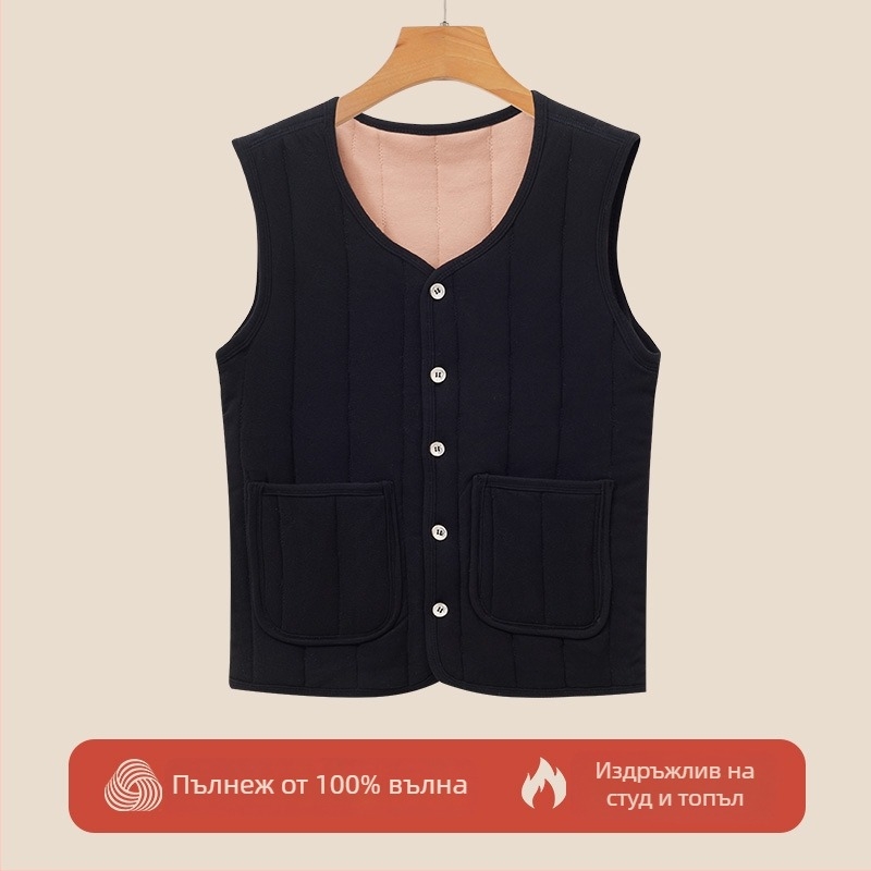 Жилетка от вълна с флисово подплата — quilted модел, Space Cotton тъкан, нормална дължина; съдържа 90–95% вълна и 90–95% полиестер