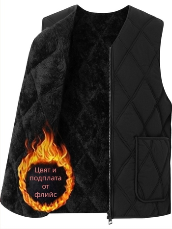 Мъжка памучна жилетка с флийсова подплата, дебела, качулка, V-образно деколте, цип, джобове с патч дизайн