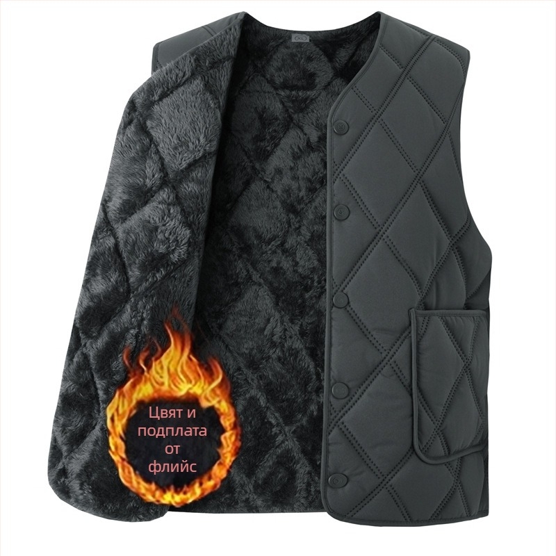 Мъжка памучна жилетка с флийсова подплата, дебела, качулка, V-образно деколте, цип, джобове с патч дизайн