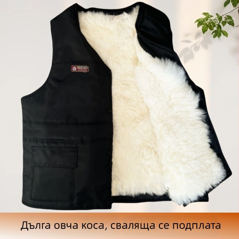 Мъжки жилет от зайчи пух и кадифено платно, с качулка, V-образно деколте, ивици