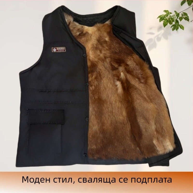 Мъжки жилет от зайчи пух и кадифено платно, с качулка, V-образно деколте, ивици