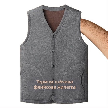 Мъжка жилетка с плюшено подплатяване, топла и квилтирана, V-образно деколте, едноредово копчане, странични джобове