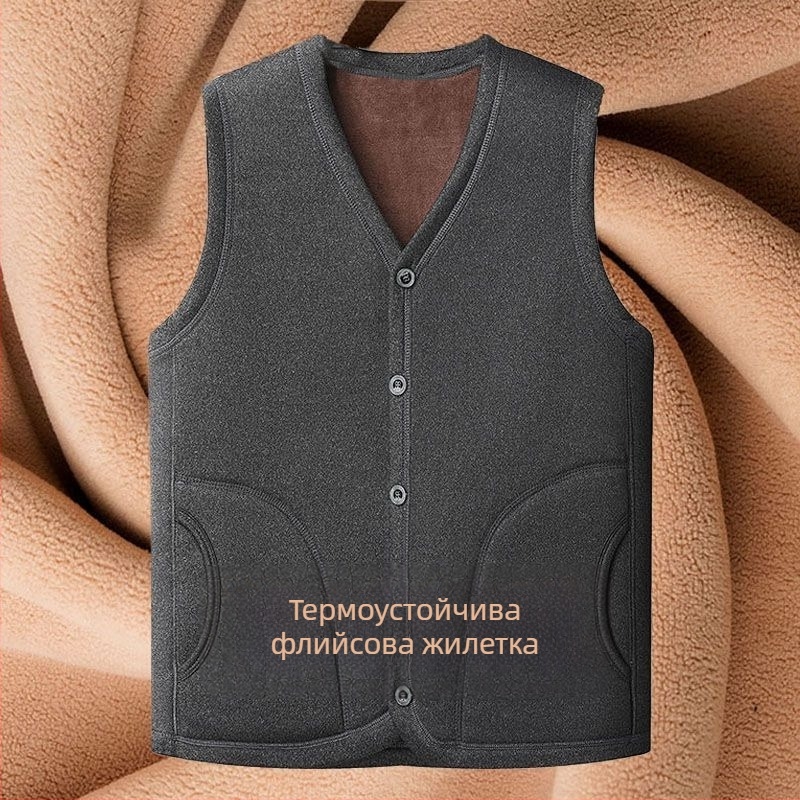 Мъжка жилетка с плюшено подплатяване, топла и квилтирана, V-образно деколте, едноредово копчане, странични джобове