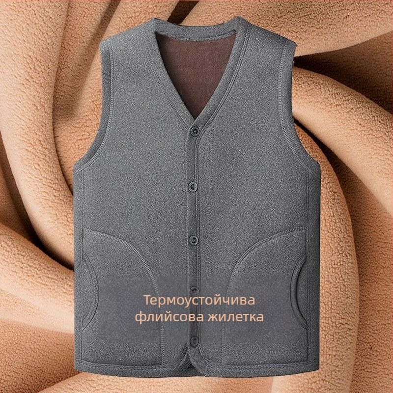 Мъжка жилетка с плюшено подплатяване, топла и квилтирана, V-образно деколте, едноредово копчане, странични джобове