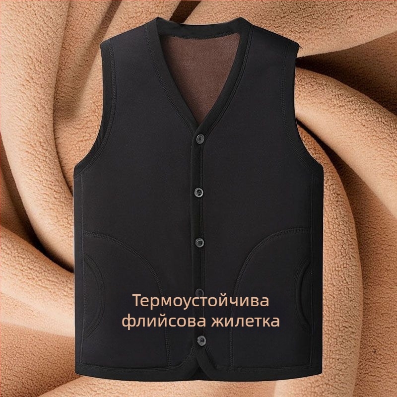 Мъжка жилетка с плюшено подплатяване, топла и квилтирана, V-образно деколте, едноредово копчане, странични джобове