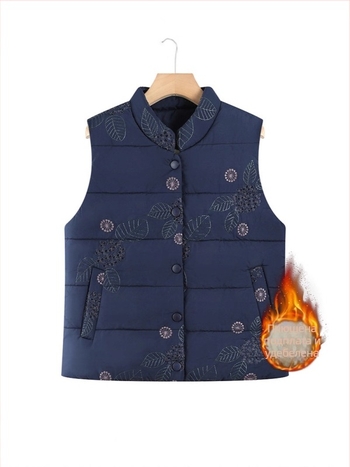 Жилетка със стойкова яка, кардиган стил, флорални мотиви, пълнеж от памук, полиестерна материя