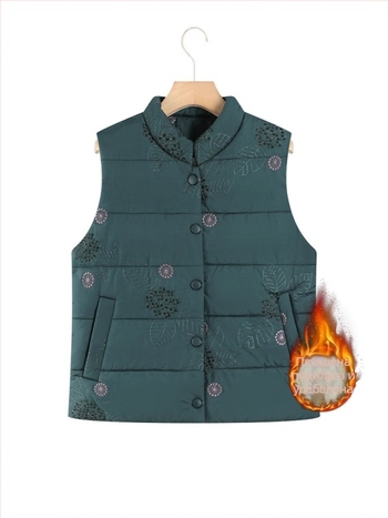 Жилетка със стойкова яка, кардиган стил, флорални мотиви, пълнеж от памук, полиестерна материя