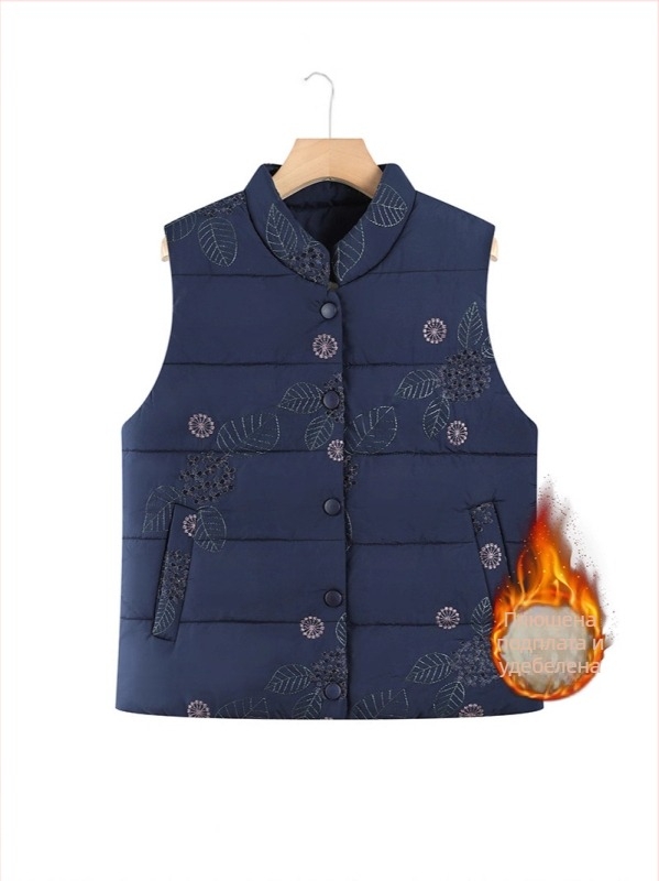 Жилетка със стойкова яка, кардиган стил, флорални мотиви, пълнеж от памук, полиестерна материя