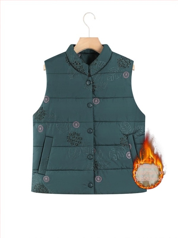 Жилетка със стойкова яка, кардиган стил, флорални мотиви, пълнеж от памук, полиестерна материя