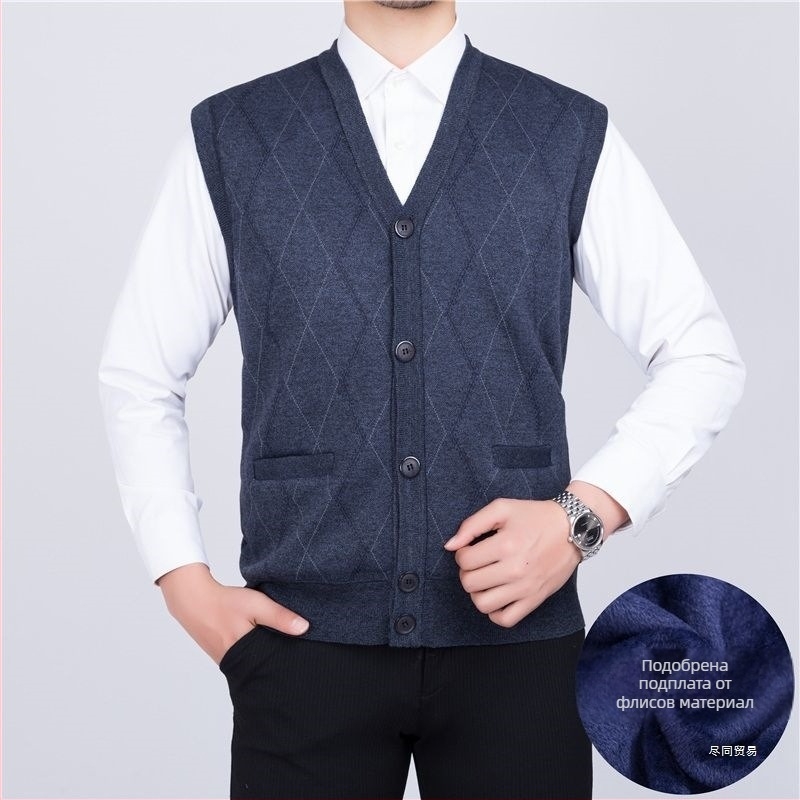 Мъжки плетен жилет с флисово подплънение и заешка козина, V‑образно деколте, райета quilt дизайн, джобове с патч‑джобове, ленена подплата, зимен модел