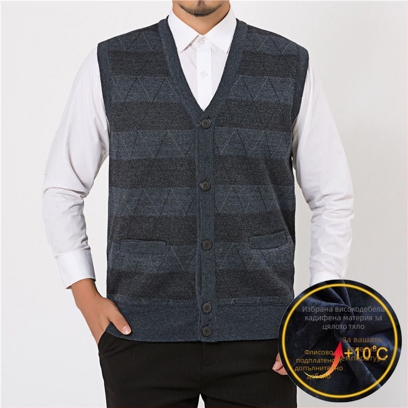 Мъжки плетен жилет с флисово подплънение и заешка козина, V‑образно деколте, райета quilt дизайн, джобове с патч‑джобове, ленена подплата, зимен модел