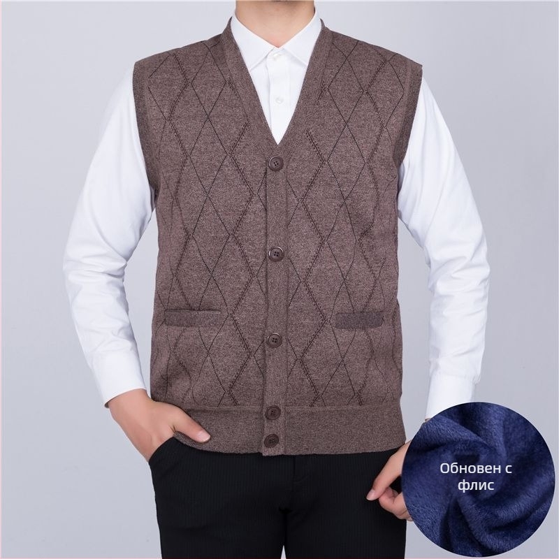 Мъжки плетен жилет с флисово подплънение и заешка козина, V‑образно деколте, райета quilt дизайн, джобове с патч‑джобове, ленена подплата, зимен модел