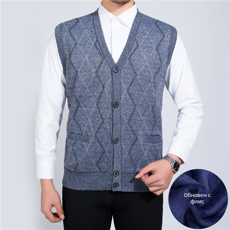 Мъжки плетен жилет с флисово подплънение и заешка козина, V‑образно деколте, райета quilt дизайн, джобове с патч‑джобове, ленена подплата, зимен модел