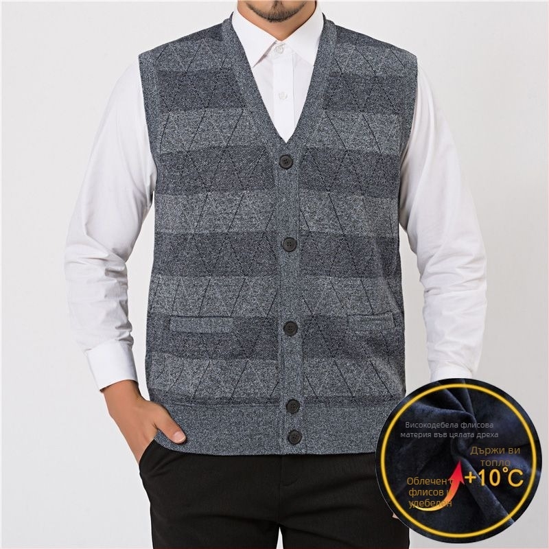 Мъжки плетен жилет с флисово подплънение и заешка козина, V‑образно деколте, райета quilt дизайн, джобове с патч‑джобове, ленена подплата, зимен модел