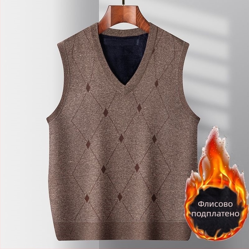 Качулеста жилетка с плътна плюшена материя (заешка коса), райета, V-образно деколте и двойно закопчаване