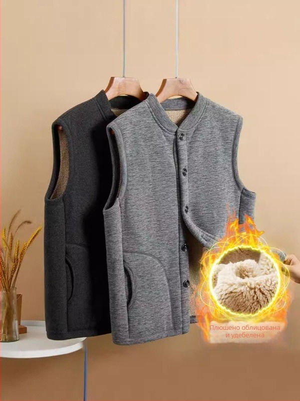 Зимно пригодена флис жилетка за възрастни мъже — V-образно деколте, без ръкави, мъхнат флис, свободен силует, патч джобове