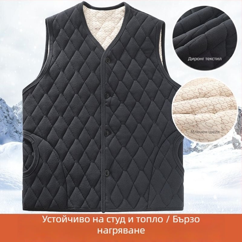 Мъжки зимен флийсов жилет с V-образно деколте, свободна кройка, еднобортно копчване, квилинг и джобове с ярък кант