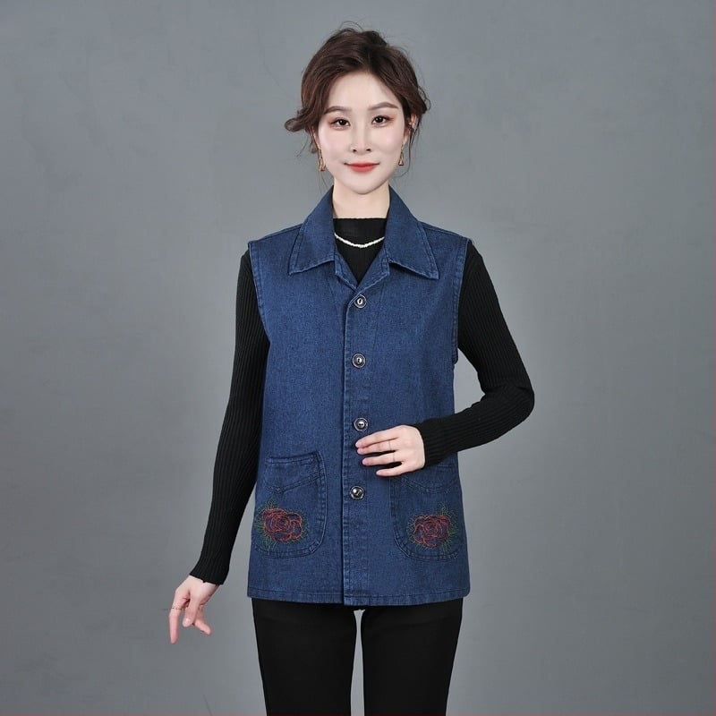 Деним жилетка за жени, с яка и предна катарама, памучно-смесен материал 50-70%, пролет 2025
