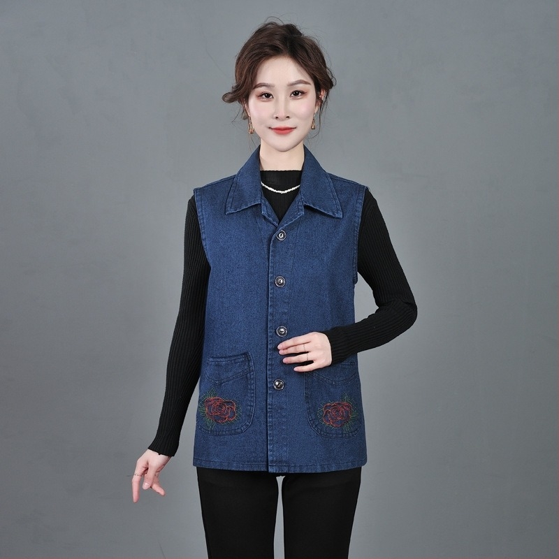 Деним жилетка за жени, с яка и предна катарама, памучно-смесен материал 50-70%, пролет 2025