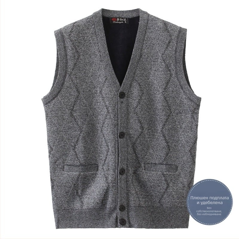 Мъжка плюшена жилетка за зима, свободен силует, V-образно деколте, едноредово закопчаване, жакардов геометричен модел