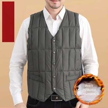 Мъжка памучна жилетка за зима, V-образно деколте, дебела подплата, полиестерна тъкан, шарка с точки