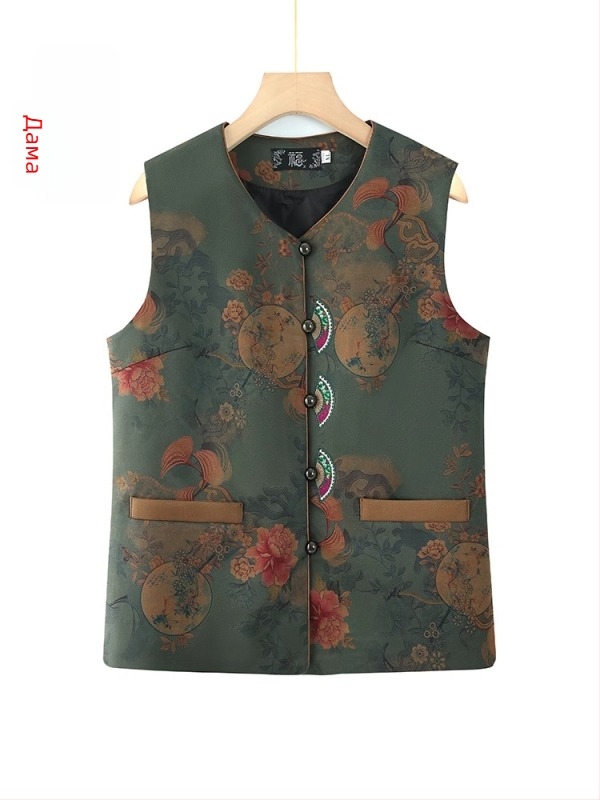 Жилет за жени в зряла възраст, елегантен флорален принт, полиестерна материя, пролет 2025