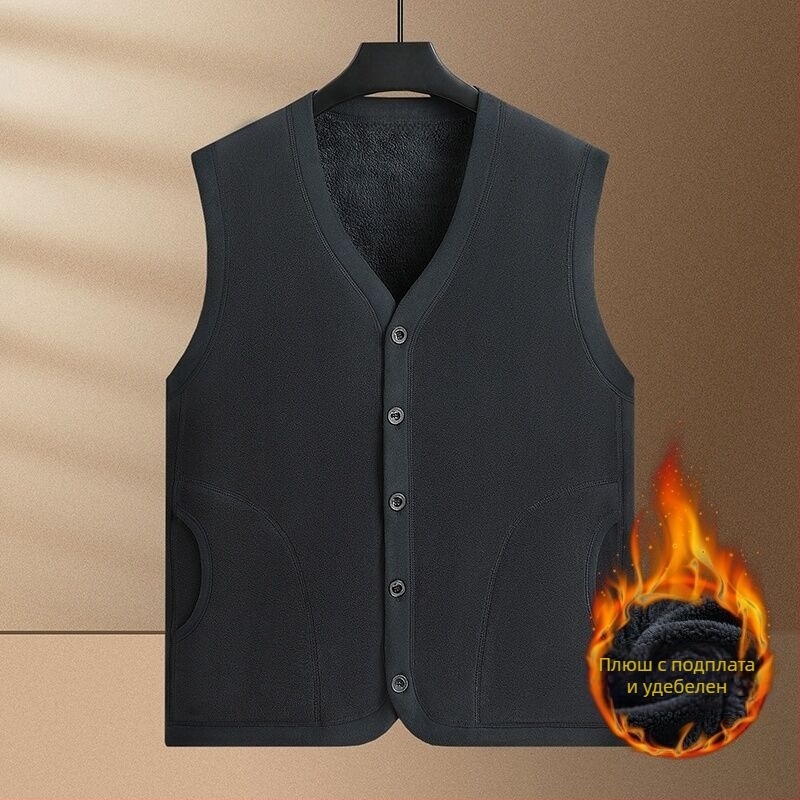 Мъжка поларена жилетка усилена, V-образно деколте, без ръкави, странични джобове, прав край, Есен 2025