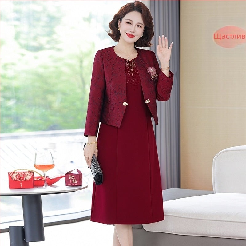 Две части комплект за майката на булката: рокля за сватбена банкетна церемония със средна дължина пола, есенно-зимно, елегантен и грациозен стил, патчворк дизайн, плат вискоза 70-80% и акрил под 30%, модел Q1006