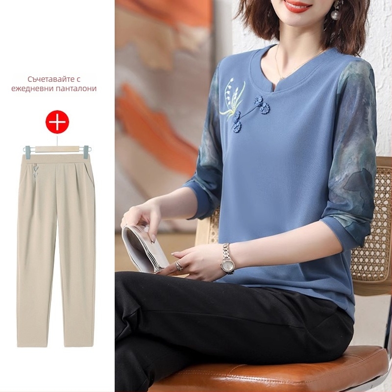 Кежуъл плетен топ с дълги ръкави и кръгла яка, бродерия, полиестерно влакно над 95% съдържание, пролет 2025 колекция