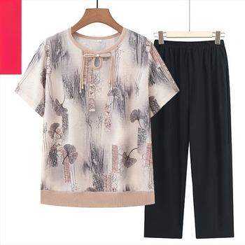 Къс ръкав топ с кръгло деколте в китайски стил за жени на средна и по-възрастна възраст, полиестер, пролет 2024