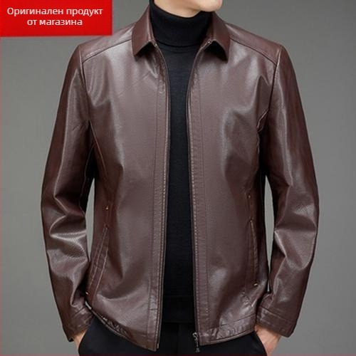 PU кожено яке за мъже средна възраст, зимно удебелено с подплата от флис, цип, лафелна яка, свободен силует