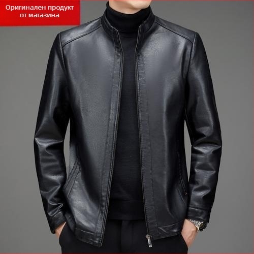 PU кожено яке за мъже средна възраст, зимно удебелено с подплата от флис, цип, лафелна яка, свободен силует