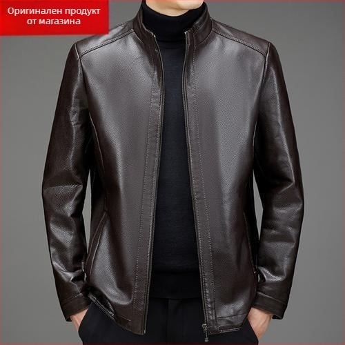 PU кожено яке за мъже средна възраст, зимно удебелено с подплата от флис, цип, лафелна яка, свободен силует