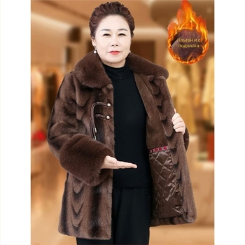 Зимно дамско палто за средна възраст и възрастни жени, изкуствена кожа, 3D ефект, средна дължина, релефна изработка, пролет 2025