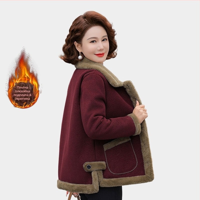 Дамско зимно яке за средна възраст – елегантен повседневен стил, патчворк детайли, основна материя 95%+ и вторичен компонент до 30%, дължина 50–65 cm