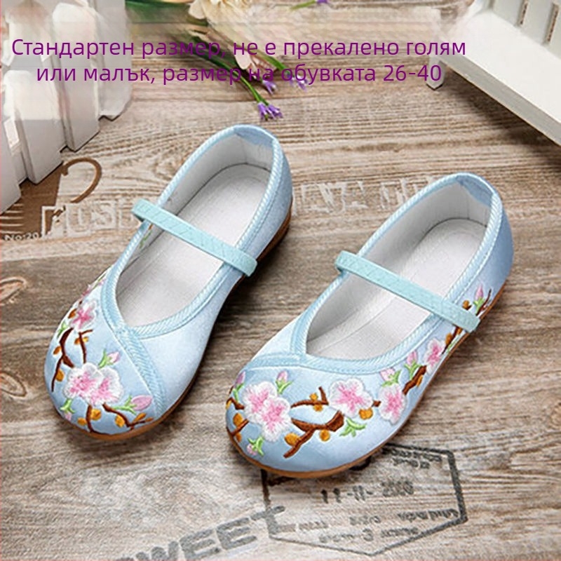 Детски балетни обувки с бродерия за момичета - етно китайски стил, шарени ивици, PU горна част, пластмасова подметка, дишащи