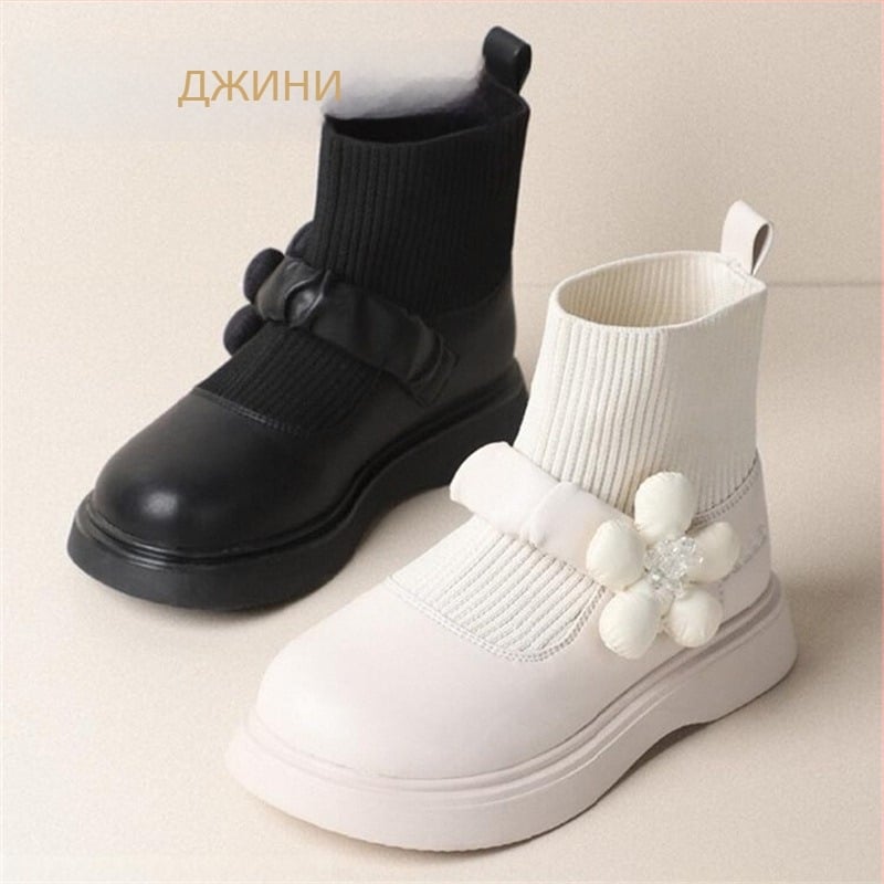 Детски кожени ботуши, принцес стил, презрамка по ходилото, PU подплата и стелка, каучукова подметка