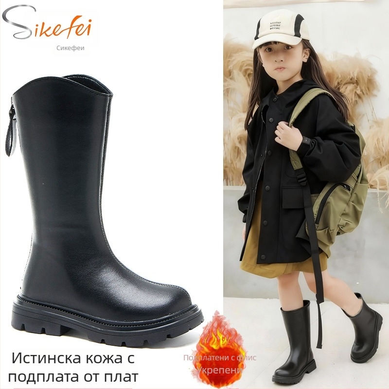 Детски високи ботуши за момичета, корейски стил принцеса, зима 2025, горна част от раздвоена кожа, гумена подметка, подплата от изкуствен косъм, заден цип, за възраст 4-16