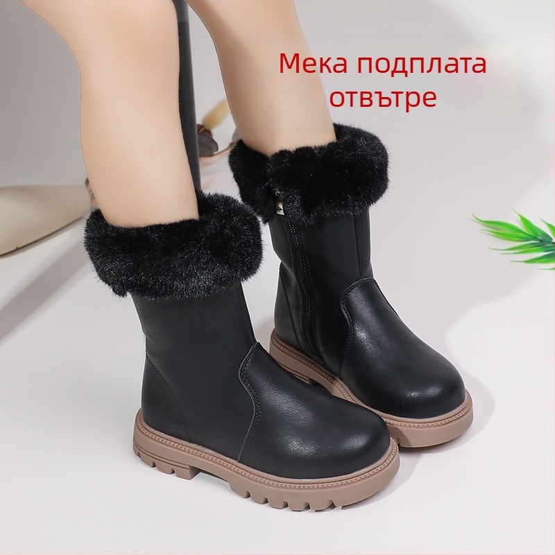 Детски високи ботуши за момичета, горна част от синтетична кожа, каучукова подметка, страничен цип, износоустойчиви ботуши