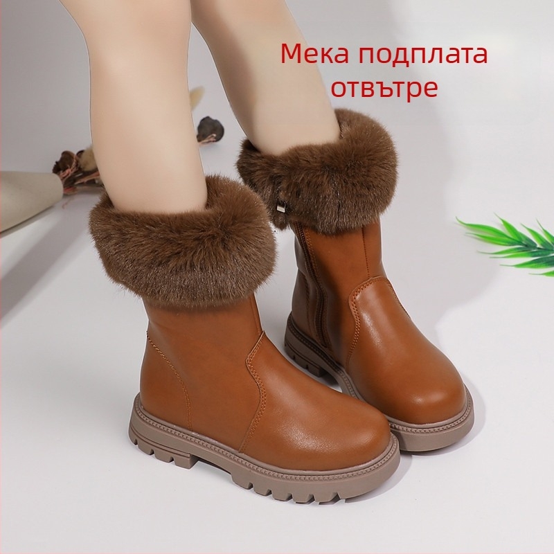 Детски високи ботуши за момичета, горна част от синтетична кожа, каучукова подметка, страничен цип, износоустойчиви ботуши