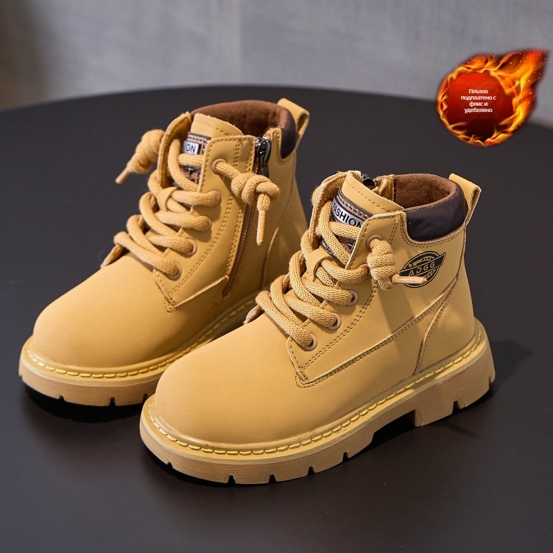 Детски мартин ботуши от естествена кожа, гумена подметка, страничен цип, средна височина, унисекс за есенно-зимно облекло