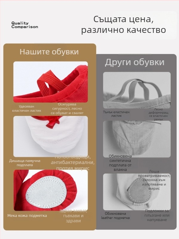 Танцови обувки за момичета - Горна част от платно, Подметка от кожа, Единична дебелина, Дишащи и леки за балетна практика