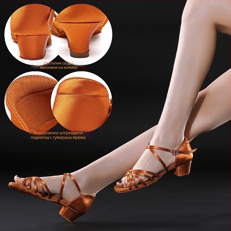 Детски латински обувки за танци с мека подметка, нисък ток, дишащи и леки за момичета