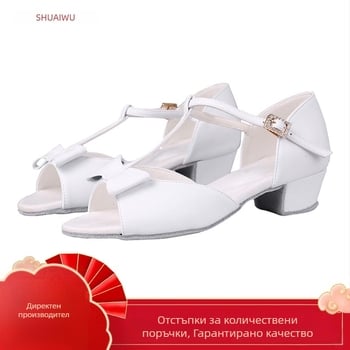 Детски латин танцови обувки за момичета със средно-нисък ток, синтетична горна част и кожена подметка, за модерни и латин танци