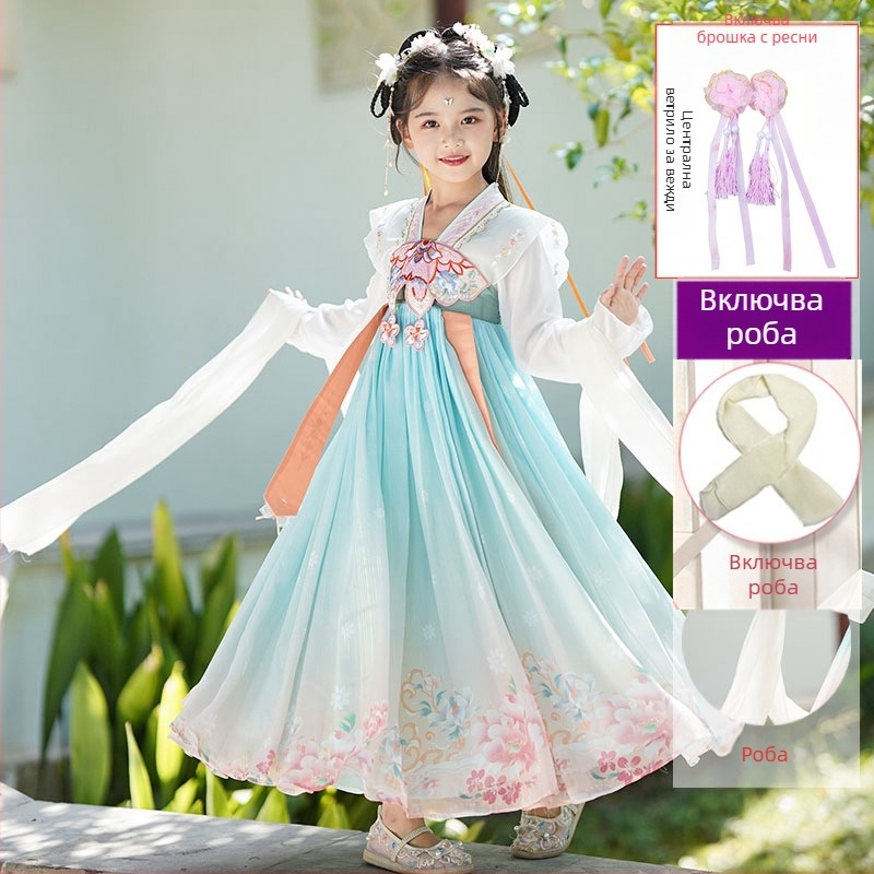 Детска ханфу рокля Тан-сюит – флорална шарка, основен материал 95% полиестер, подплата полиестер, пролет и есен, китайски стил
