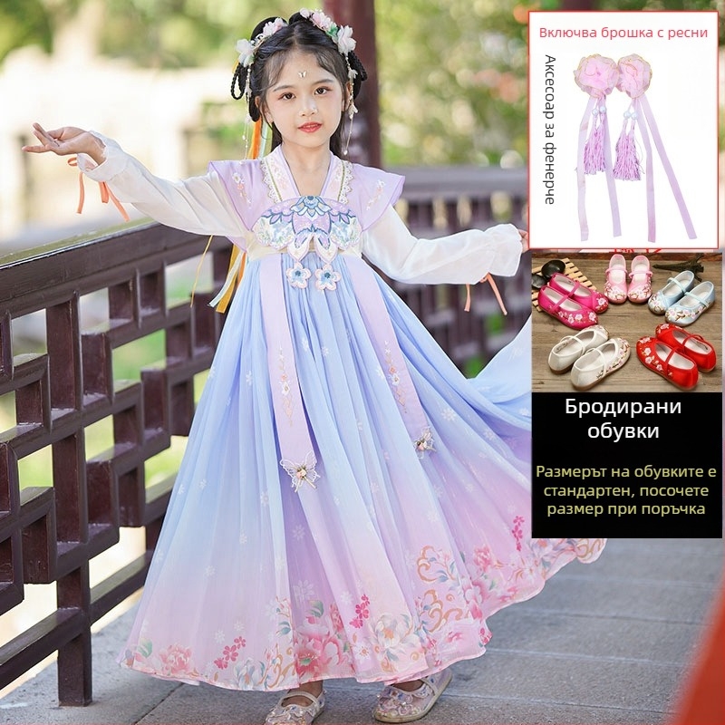 Детска ханфу рокля Тан-сюит – флорална шарка, основен материал 95% полиестер, подплата полиестер, пролет и есен, китайски стил