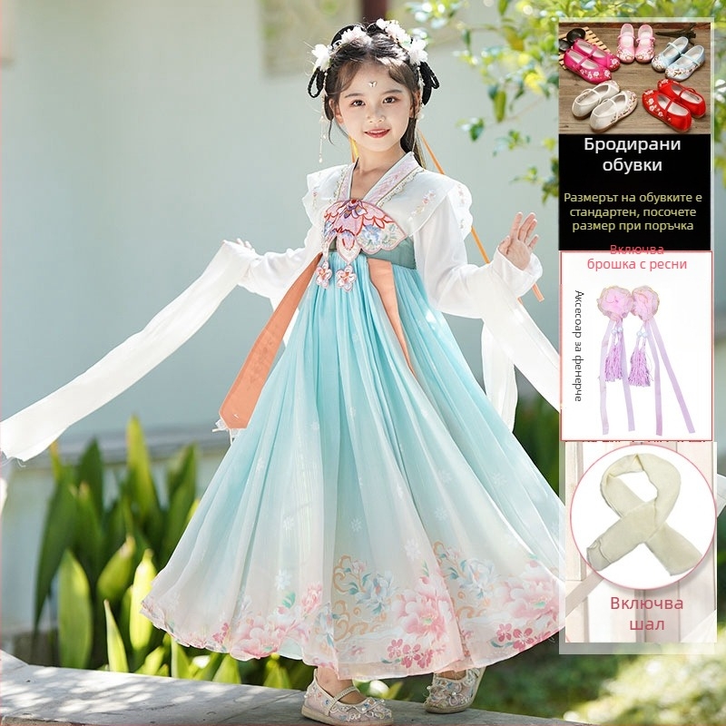 Детска ханфу рокля Тан-сюит – флорална шарка, основен материал 95% полиестер, подплата полиестер, пролет и есен, китайски стил