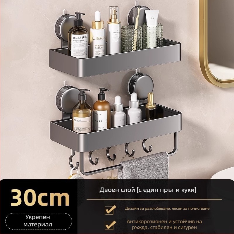 Стенно монтиран ъглов рафт за баня с вакуумно закрепване, алуминиева сплав, покритие с печена боя, натоварване 5–10 кг, 1 ниво, ъгъл с вентилаторна форма