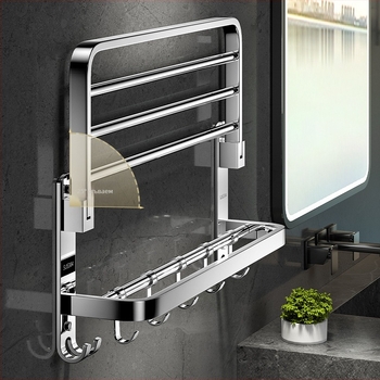 Държач за хавлии 304 неръждаема стомана, 2 нива, стенен монтаж, без пробиване, сгъваем
