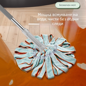 Домашен безконтактен моп за вода с автоматично изцеждане – двойно задвижване, пръчка от неръждаема стомана, глава от кърпено платно, четиристранно изцеждане, капацитет 10 кг